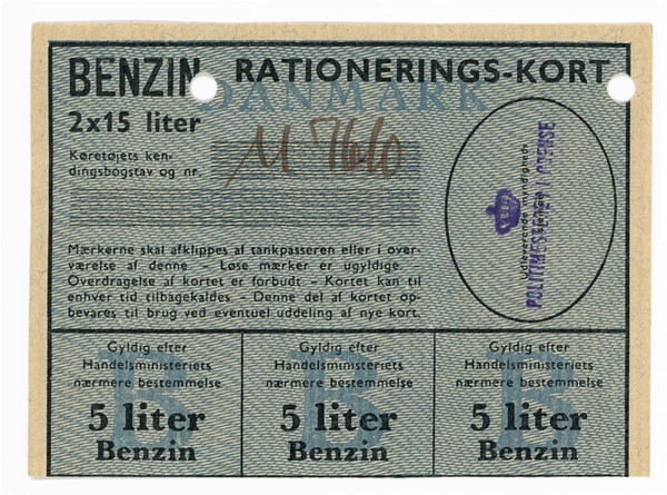 Rationeringsmærker. Rationeringskort. benzin, 1940